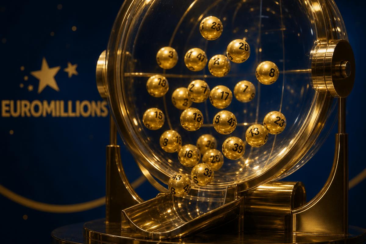 Goldene EuroMillions-Lottokugeln in der offiziellen Ziehungstrommel