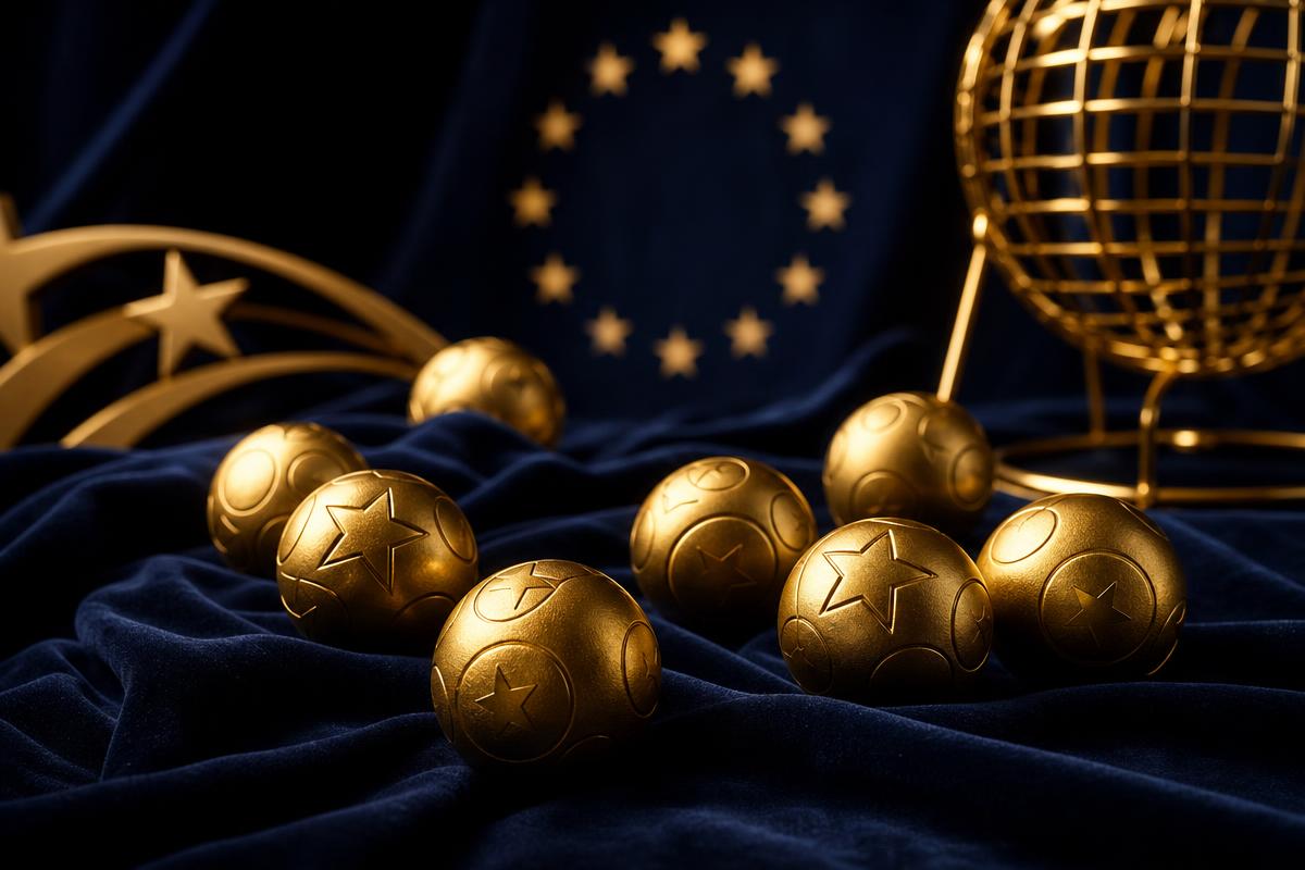 Goldene EuroMillions-Lottokugeln vor dunkelblauem Samt mit Sternen